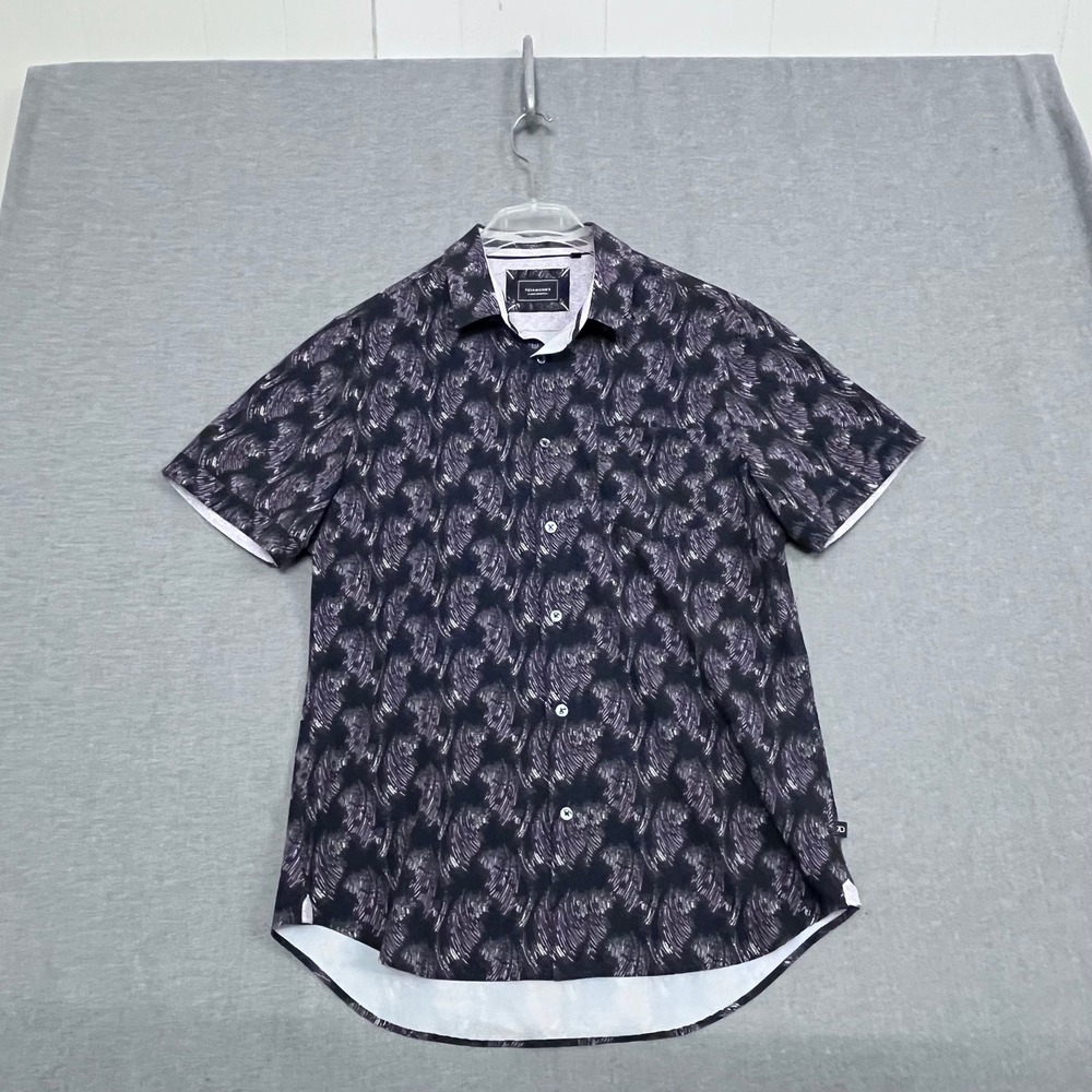 7Diamonds Ticket to Ride 4 Way Stretch Shirt Mens Medium Black Purple Feather SS